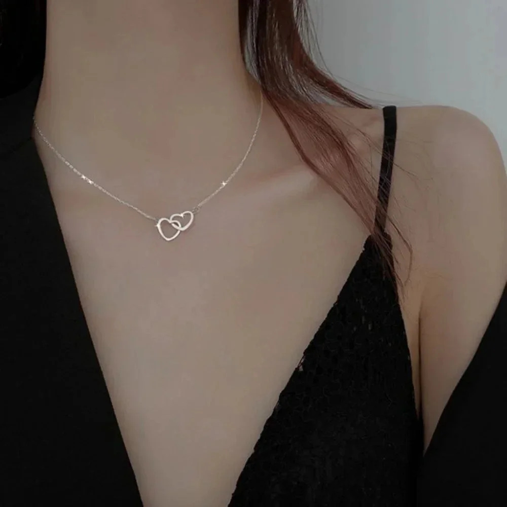 925 Sterling Silver Dainty Double Heart Link Necklace Silver or Gold